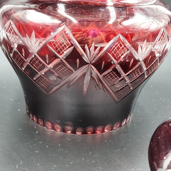 Vintage Bohemian Czech Ruby Red Cut to Clear Glass Canister Jar with Lid 9" tall - Picture 11 of 11